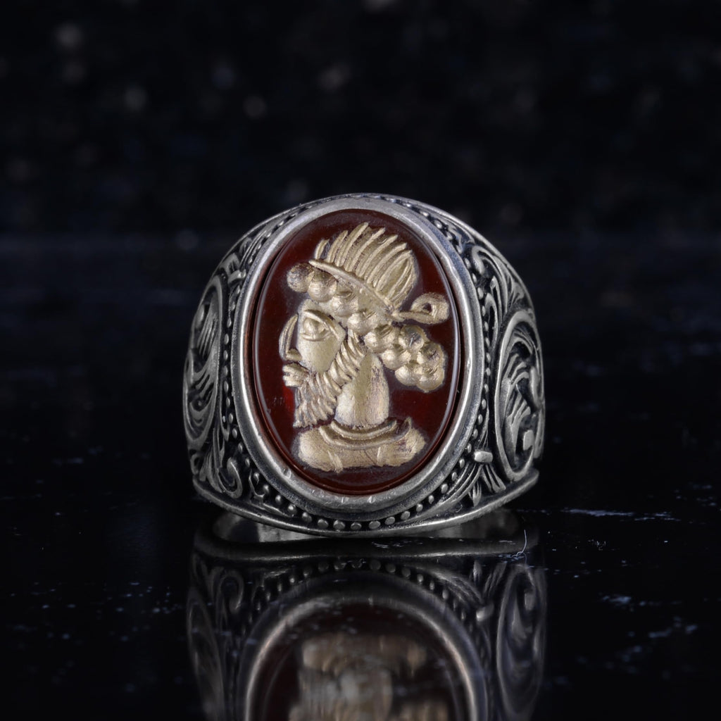 KAMBO Natural Agate Ottoman Sultan Cameo Men's Ring 925 Sterling Silver Vintage Red Stone Hand-Carved Shape Statement Ring — 4