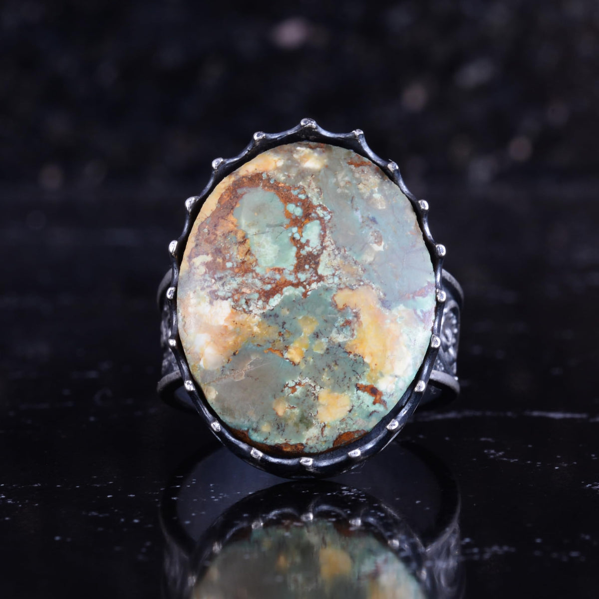KAMBO Natural Arizona Turquoise Stone Large Men's Ring 925 Sterling Silver Crown Frame Oval Cabochon Ottoman Pattern Handmade Statement Ring (Turquoise-4) — 4