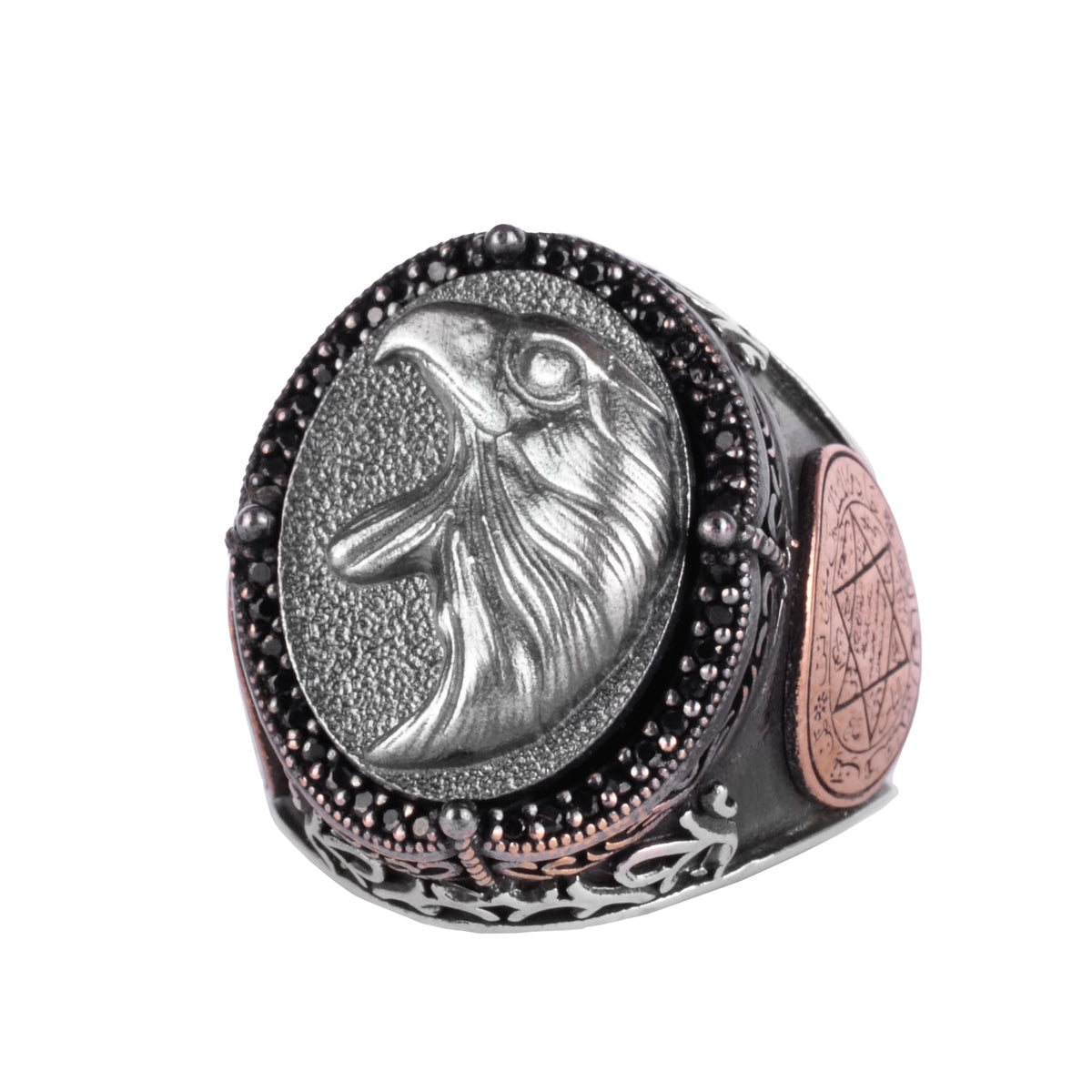 KAMBO Large Men's 925 Sterling Silver Ring – Bronze Star of David Detail – Symbolic Descriptive Ring (Eagle Head)