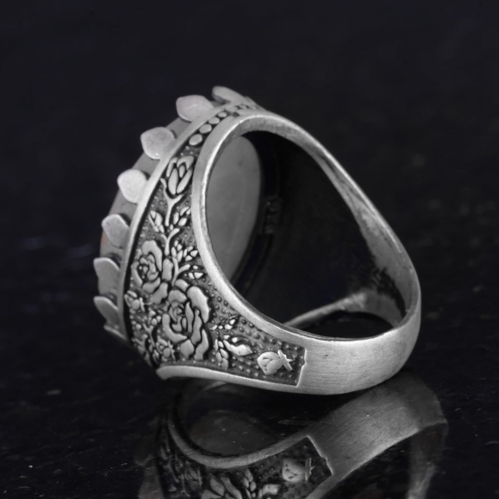 Natural Stone Ring - Rose Pattern - 925 Sterling Silver - Handmade Large Ring (Gold Rutile Quartz) — 7