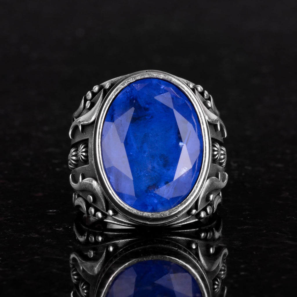 925 Sterling Silver Men's Ring (Navy Blue Paraiba Stone) — 4