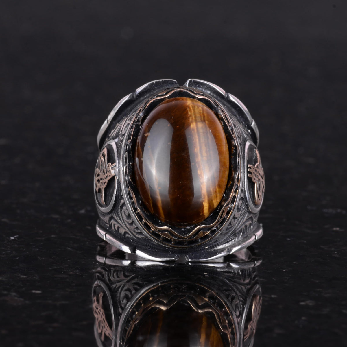 Handcrafted Cabochon Tiger's Eye Stone Ring, 925 Sterling Silver Men's Ring, Stylish Design, Ottoman Tughra Ring — 6