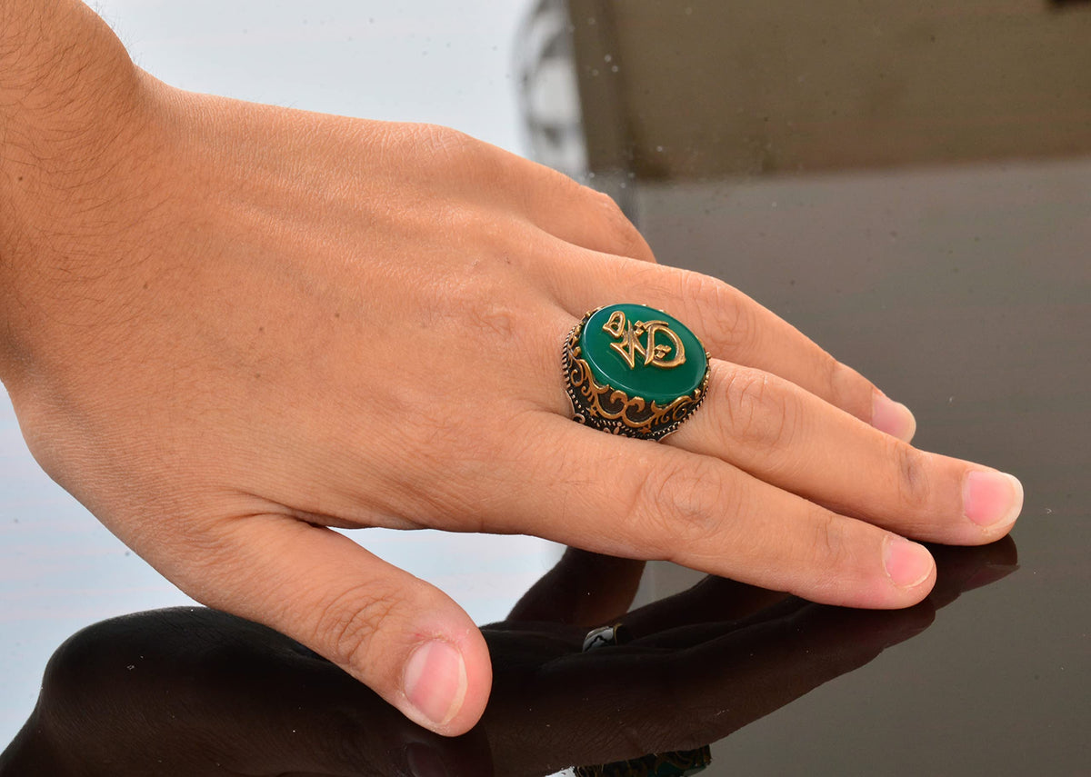 925 Sterling Silver Ring - Symbols Ring - Green Woodstone Ring — 6