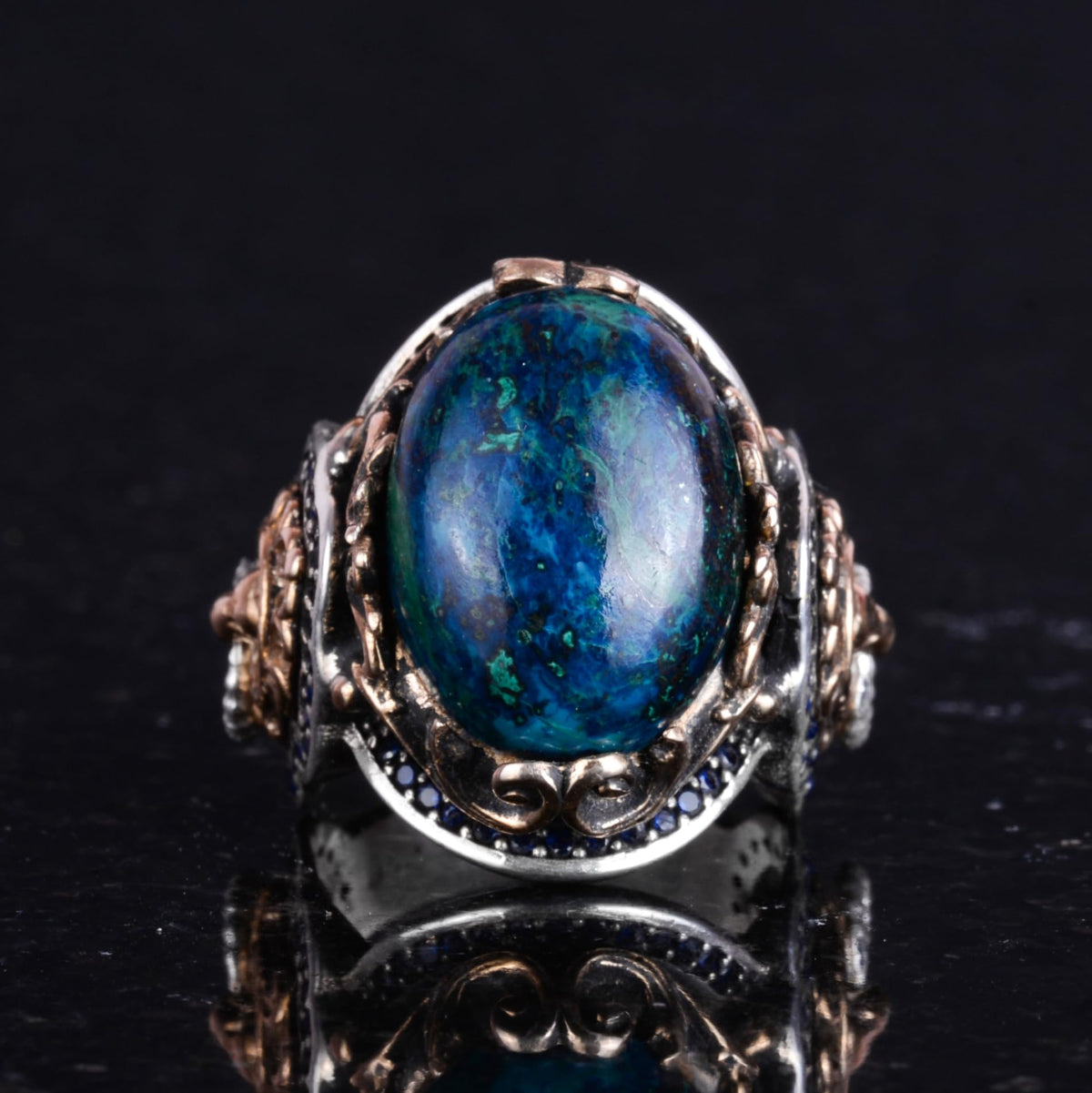 Silver Lion Ring, Handmade Azurite Stone Ring — 4