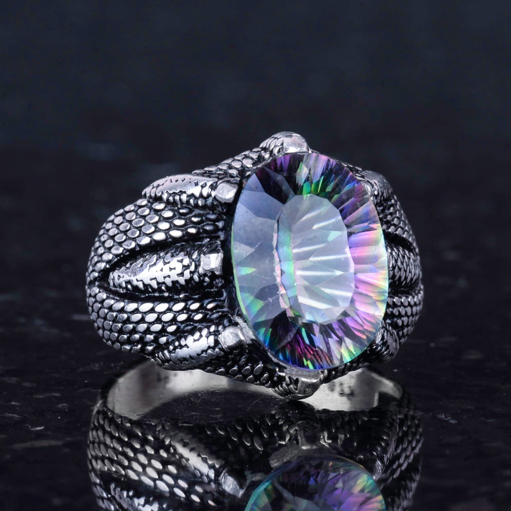 Silver Claw Ring with Natural Mystic Topaz Stone — 4