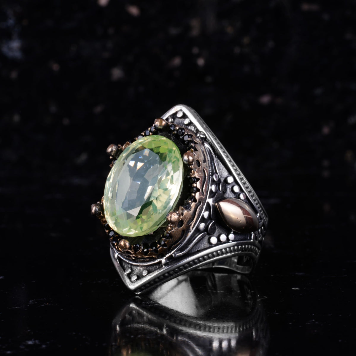 KAMBO Certified Natural Green Tourmaline Men's Ring – Bronze Detailed 925 Sterling Silver – Oval Cut Statement Ring — 5