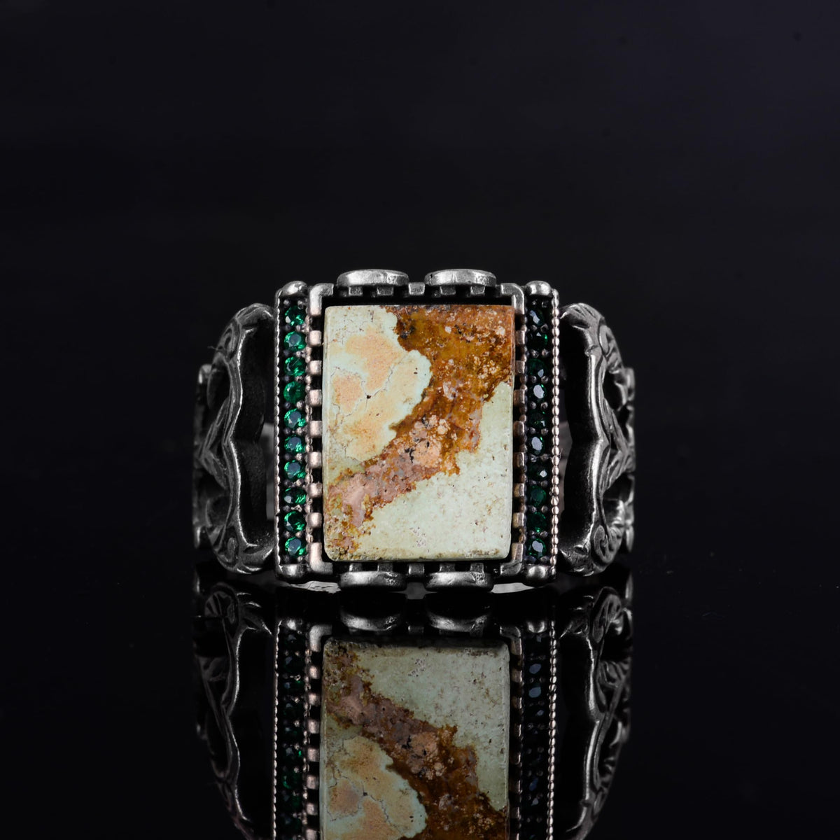 KAMBO Natural Arizona Turquoise 925 Sterling Silver Men's Ring – Rectangular Stone Ottoman Style Engraved Design (Style-2) — 4