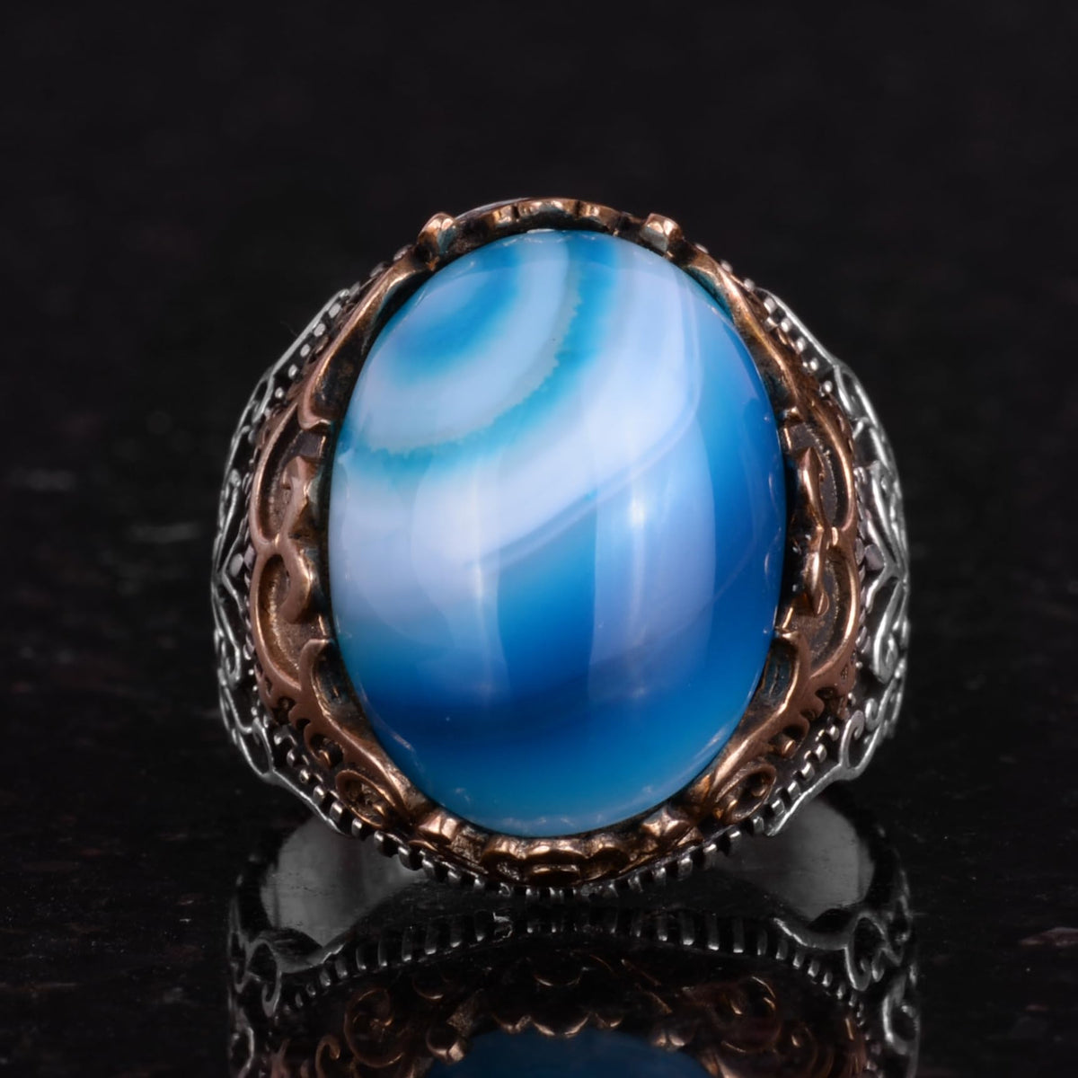 Natural Blue Agate Handmade Ring - 925 Sterling Silver — 4