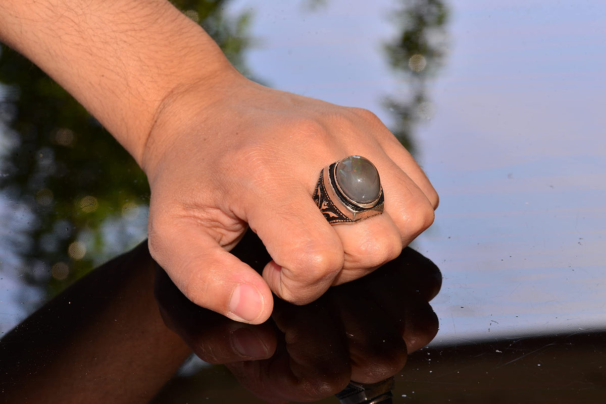 925 Sterling Silver Men's Ring, Natural Australian Opal, Vintage Design — 6