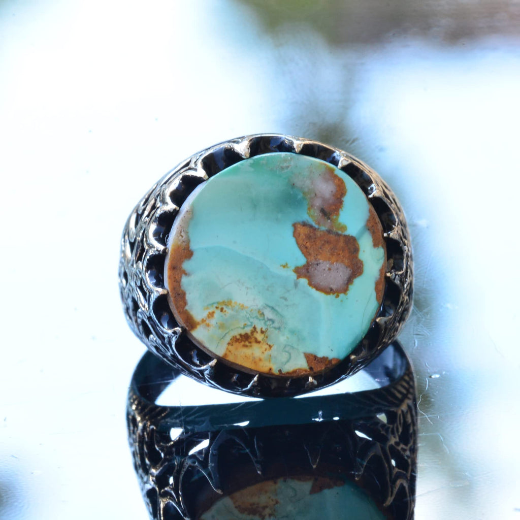 Natural Turquoise Stone Ring, Artistic Design - 925 Sterling Silver Men's Ring, Handmade Elegance — 5