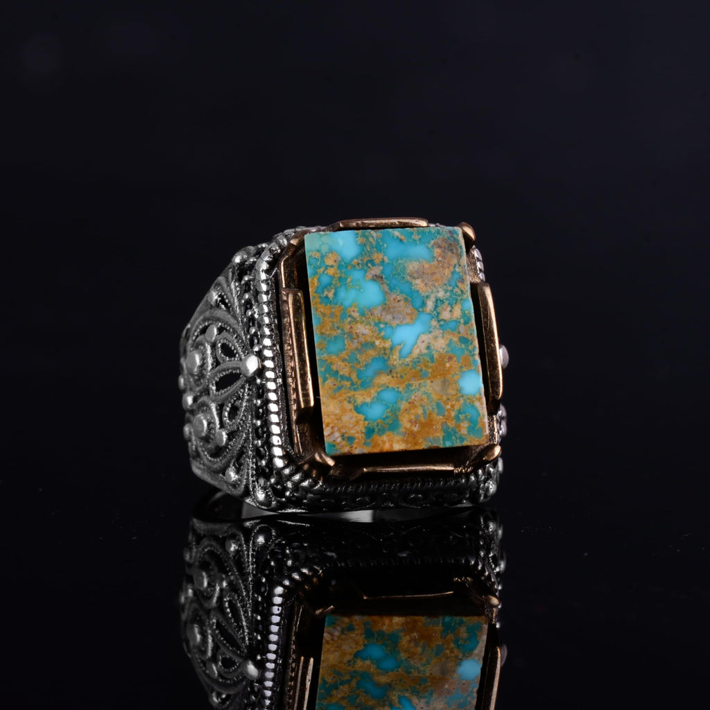 KAMBO Natural Turquoise Men's Ring - 925 Sterling Silver Handmade Square Ring - Showy Artisan Jewelry — 6