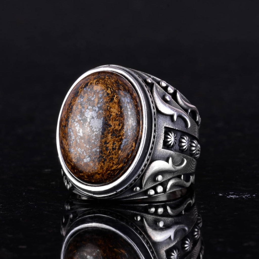 925 Sterling Silver Men's Ring - Handmade Natural Bronzite Stone — 6