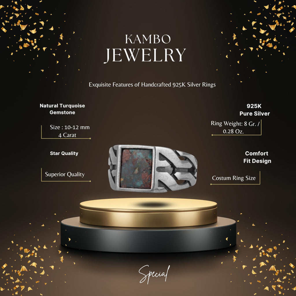 KAMBO Natural Square Turquoise Stone 925 Sterling Silver Men's Ring – Handmade Silver Jewelry with Geometric Side Design (Turquoise-4) — 2