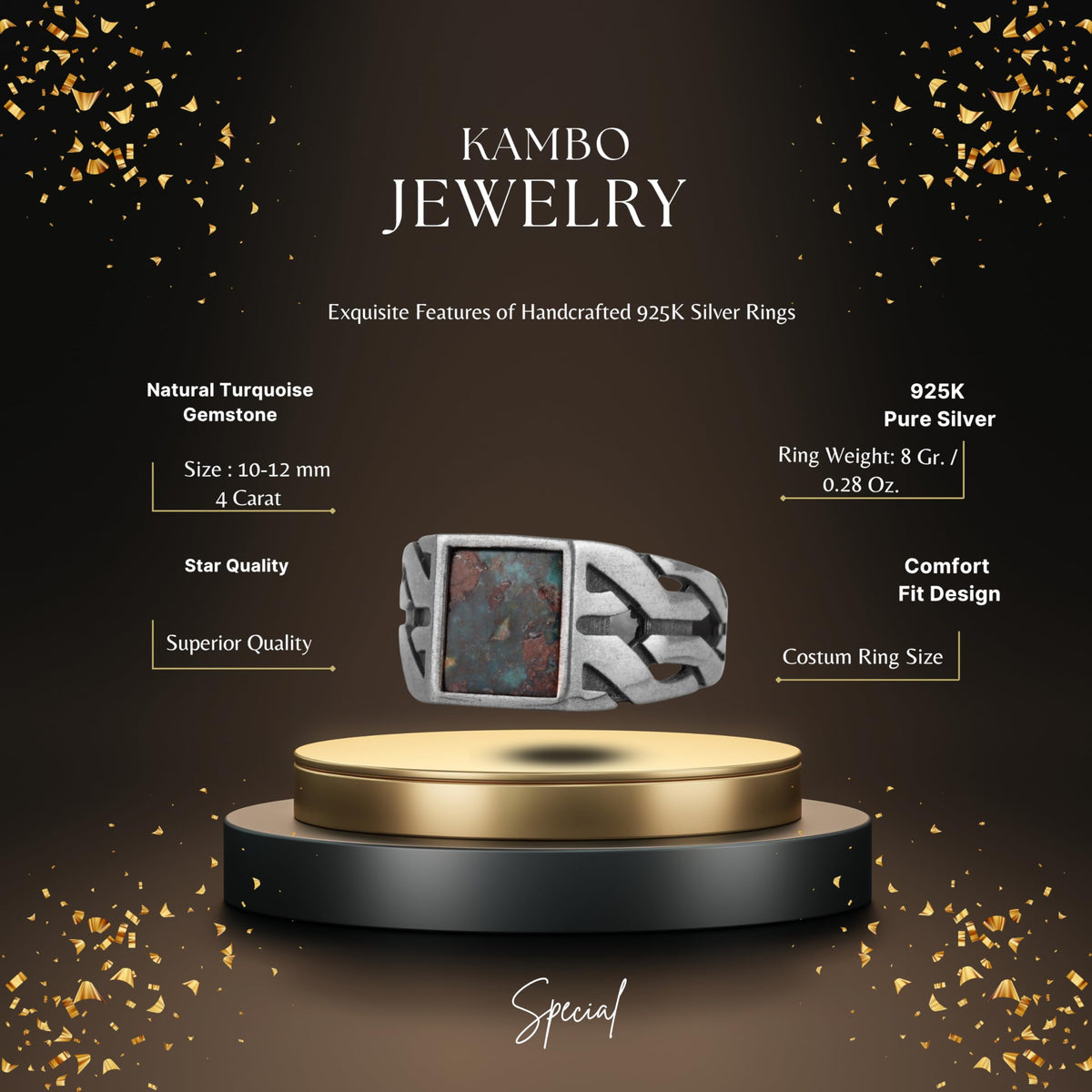 KAMBO Natural Square Turquoise Stone 925 Sterling Silver Men's Ring – Handmade Silver Jewelry with Geometric Side Design (Turquoise-4) — 2
