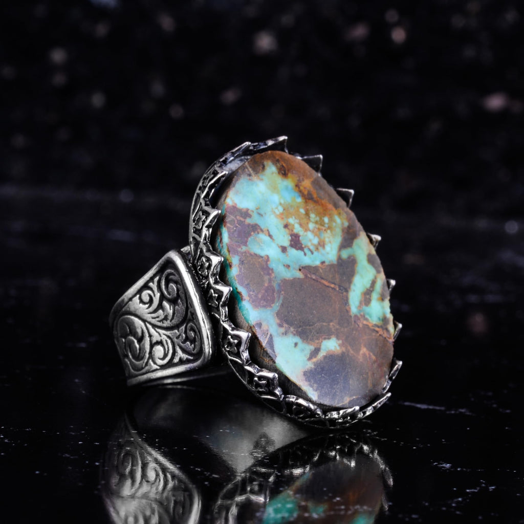 KAMBO Natural Turquoise Large Men's Ring 925 Sterling Silver Oval Statement Ring Raw Stone Vintage Handmade Ring (Turquoise-1) — 6