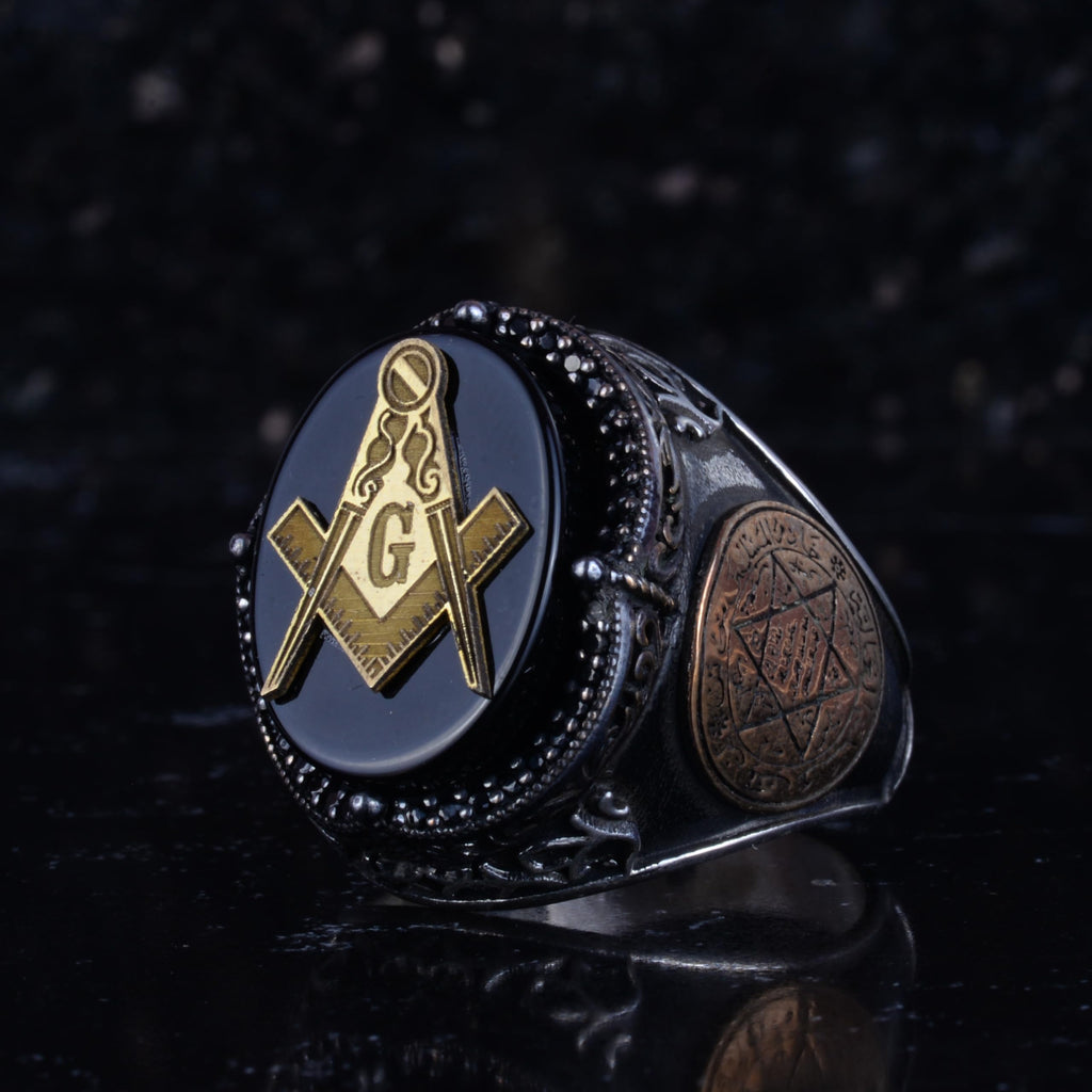 KAMBO Men's Onyx Stone Masonic Square and Compass Symbol Ring – Star of David Details – Statement Ring — 5