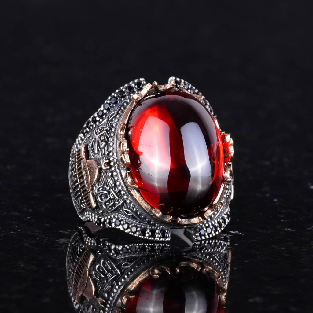 Silver Mosque Ring, Cabochon Garnet Stone Ring, 925 Sterling Silver — 6