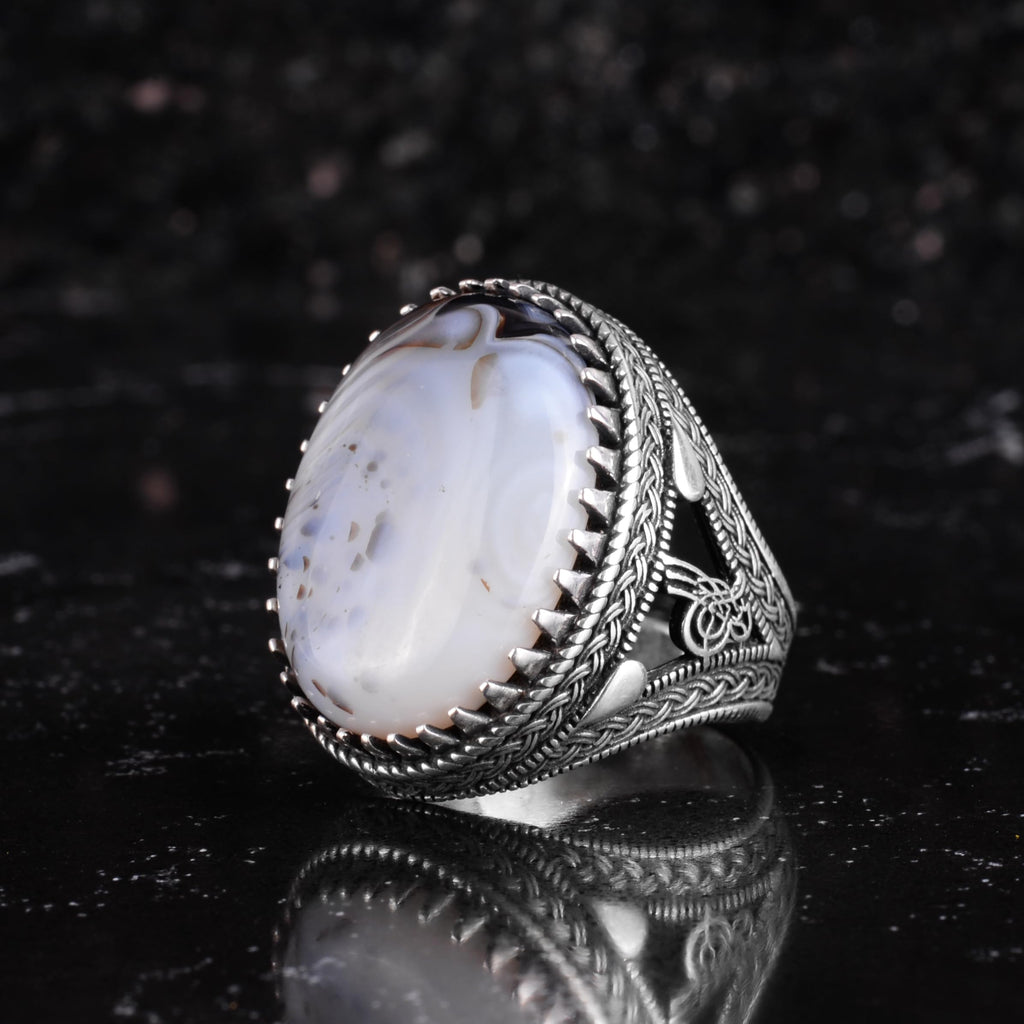 KAMBO Natural Yemen Agate Stone Men's Ring – 925 Sterling Silver Large Statement Ring – Handmade Ottoman Tugra Design Jewelry (Style-6) — 5
