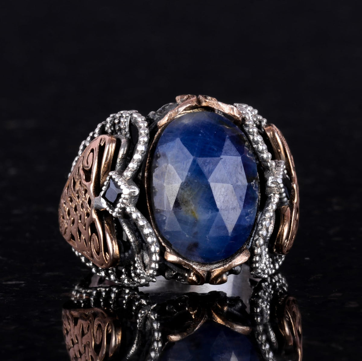 925 Sterling Silver Men's Ring with Natural Blue Sapphire Stone — 2
