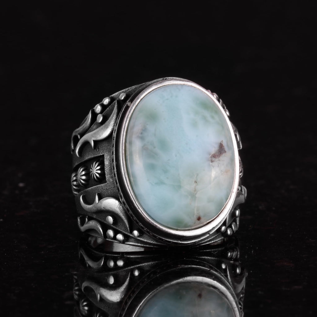 Handmade Natural Larimar Stone Ring, 925 Sterling Silver Men's Ring — 5