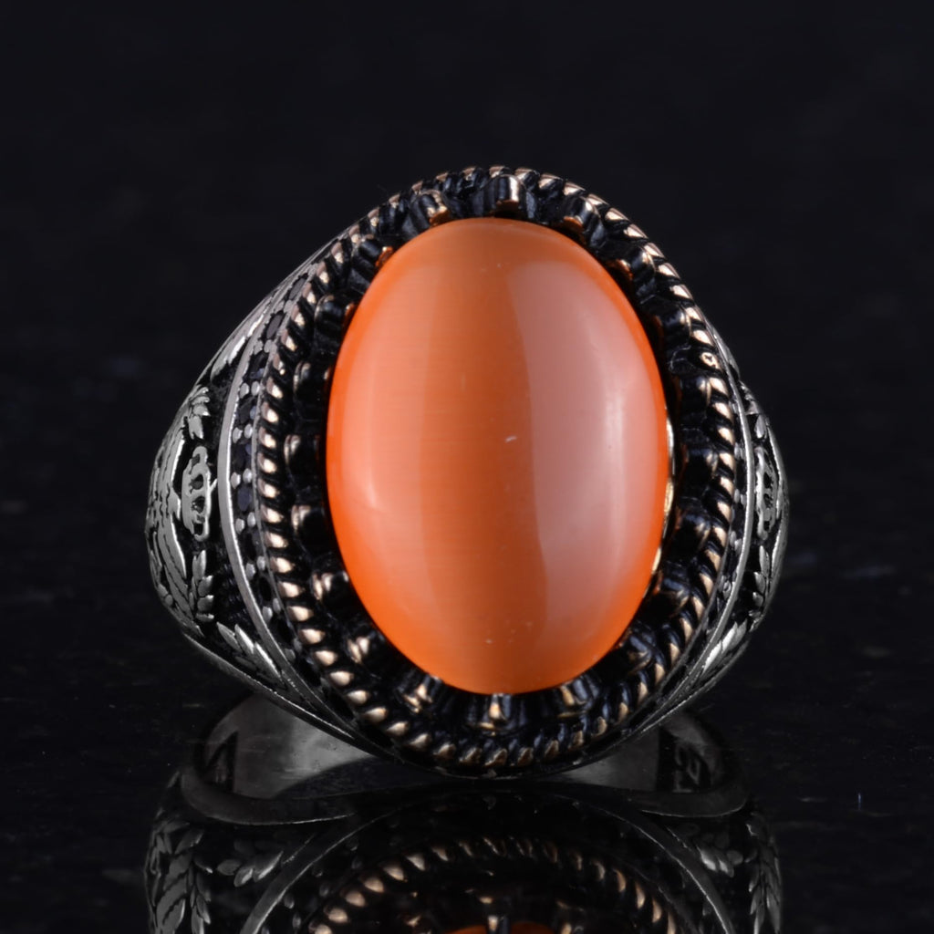 Kambo 925 Sterling Silver Men's Ring - Eagle Figure Synthetic Stone Handmade Ring (Orange Cat's Eye) — 4