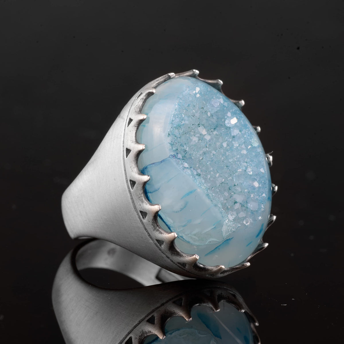 Silver Men's Ring Drusy Quartz Aqua - Shiny Stone Collection — 3