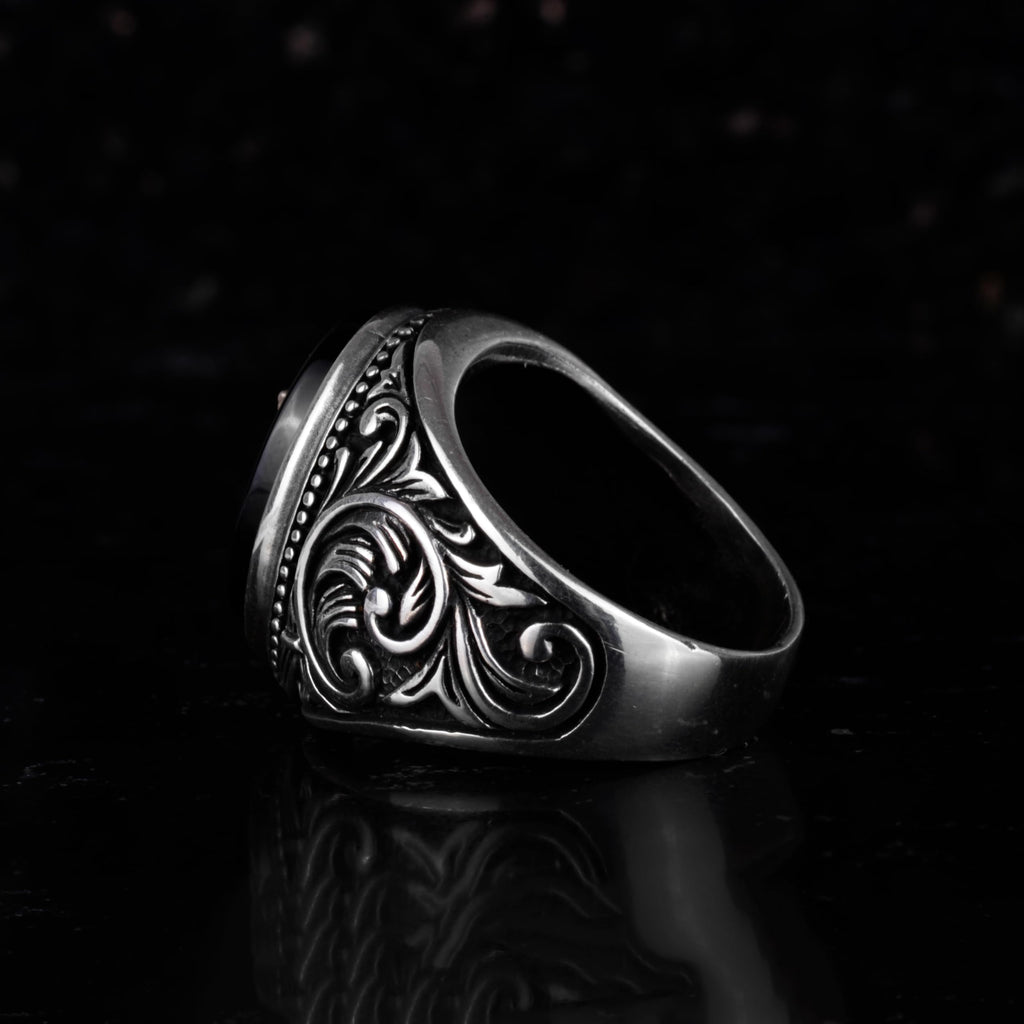 Men's Natural Onyx Ring – 925 Sterling Silver Ring with Sigil Symbol Engraved Black Onyx Stone – Handmade Gothic Statement Ring — 6