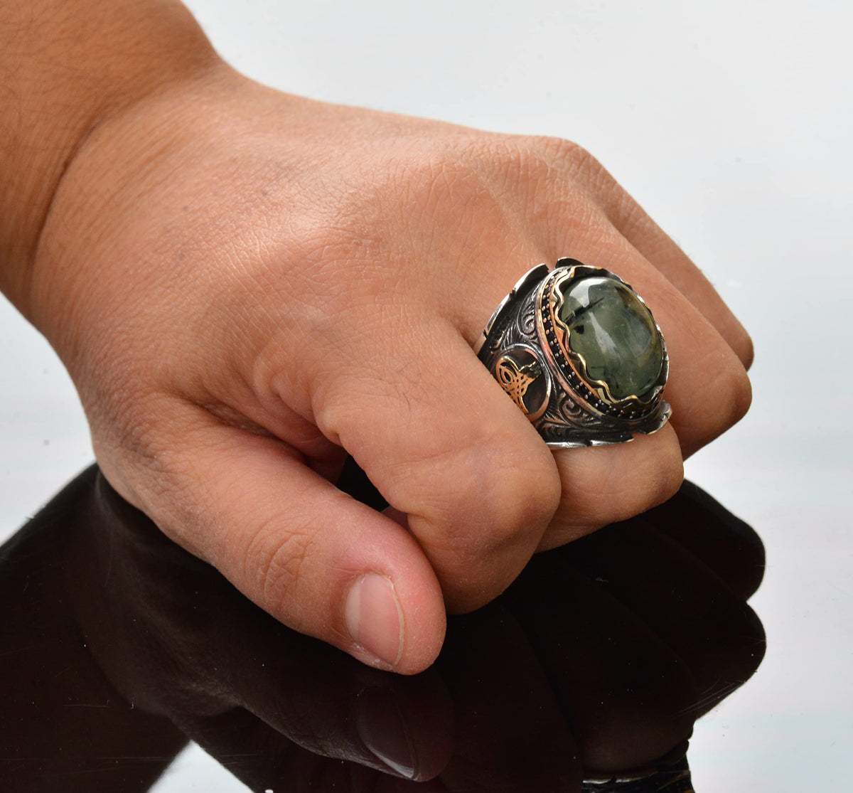 925 Sterling Silver Men's Ring, Natural Prehnite Stone, Handmade Design — 7