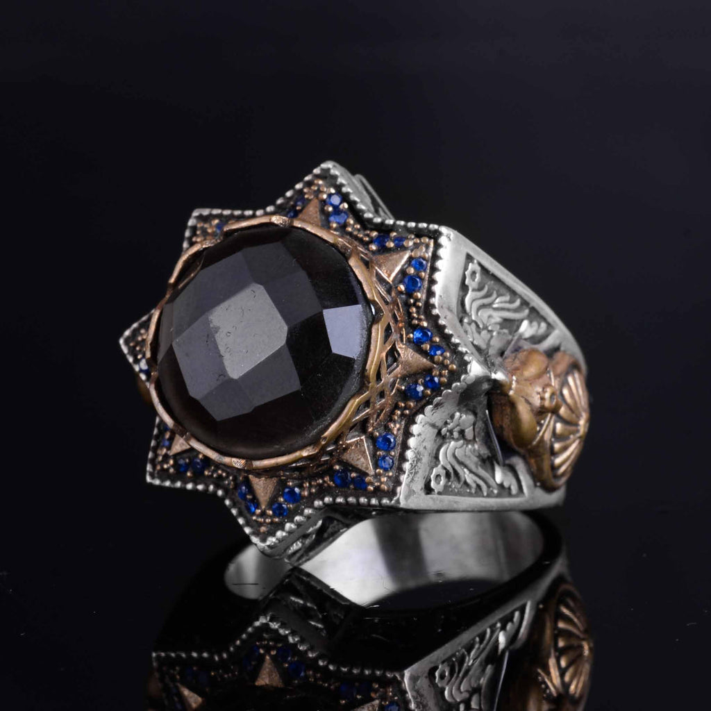 KAMBO 925 Sterling Silver Men's Natural Stone Ring – Warrior Helmet Motif Handmade Star Frame – Protective Spiritual Jewelry (Smoky Quartz) — 5