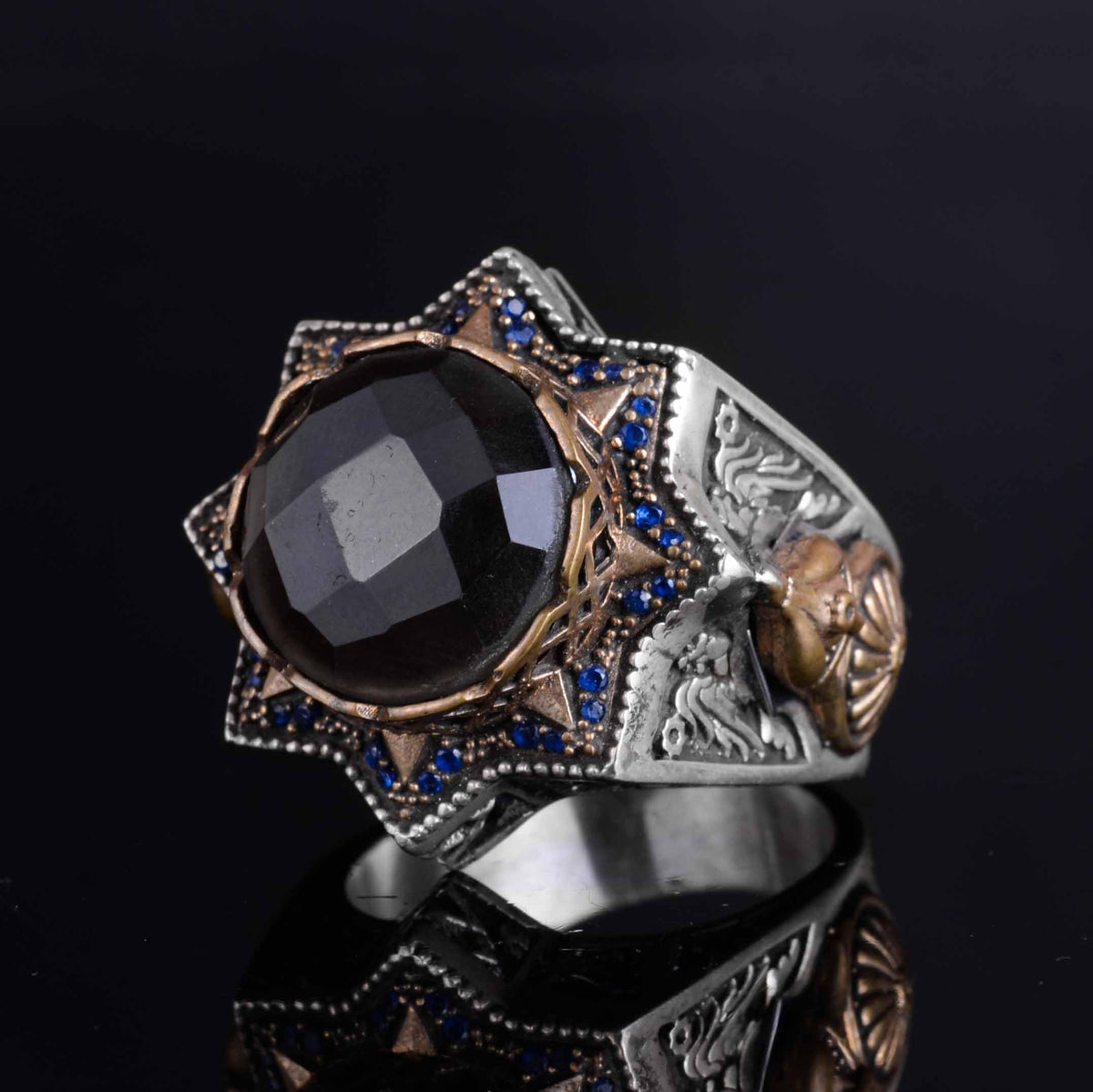 KAMBO 925 Sterling Silver Men's Natural Stone Ring – Warrior Helmet Motif Handmade Star Frame – Protective Spiritual Jewelry (Smoky Quartz) — 5