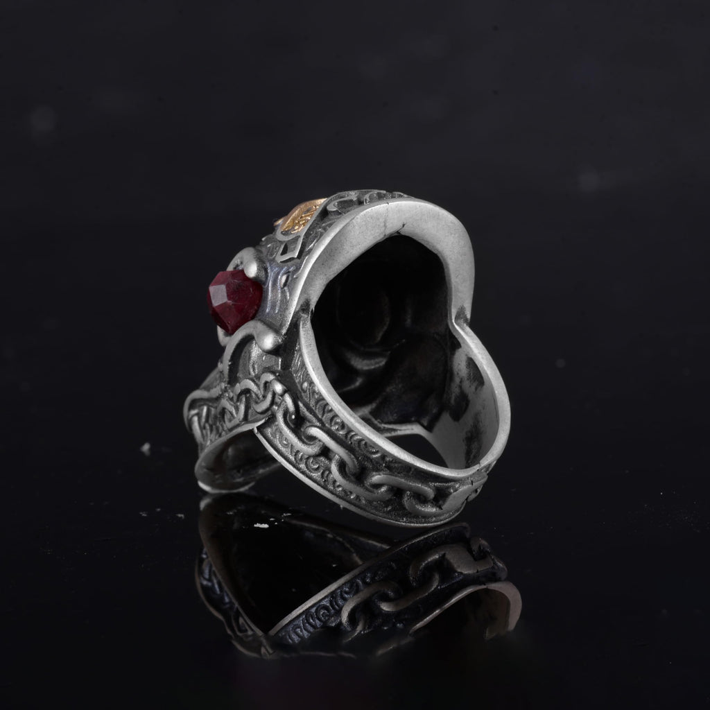 KAMBO 925 Sterling Silver Gold Plated Natural Stone Men's Dragon Ring – Large Statement Ring (Ruby) — 7