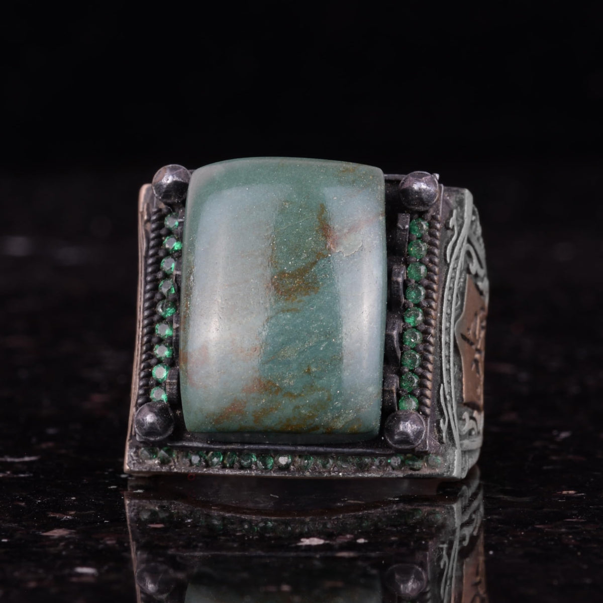 Silver Men's Ring - Natural Jade Stone - Islamic Design - Handcrafted Vintage Ring — 4