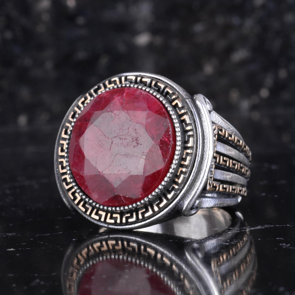 KAMBO Stone Round Men's Ring 925 Sterling Silver – Cabochon Handmade Vintage Greek Pattern Statement Ring (Ruby) — 5