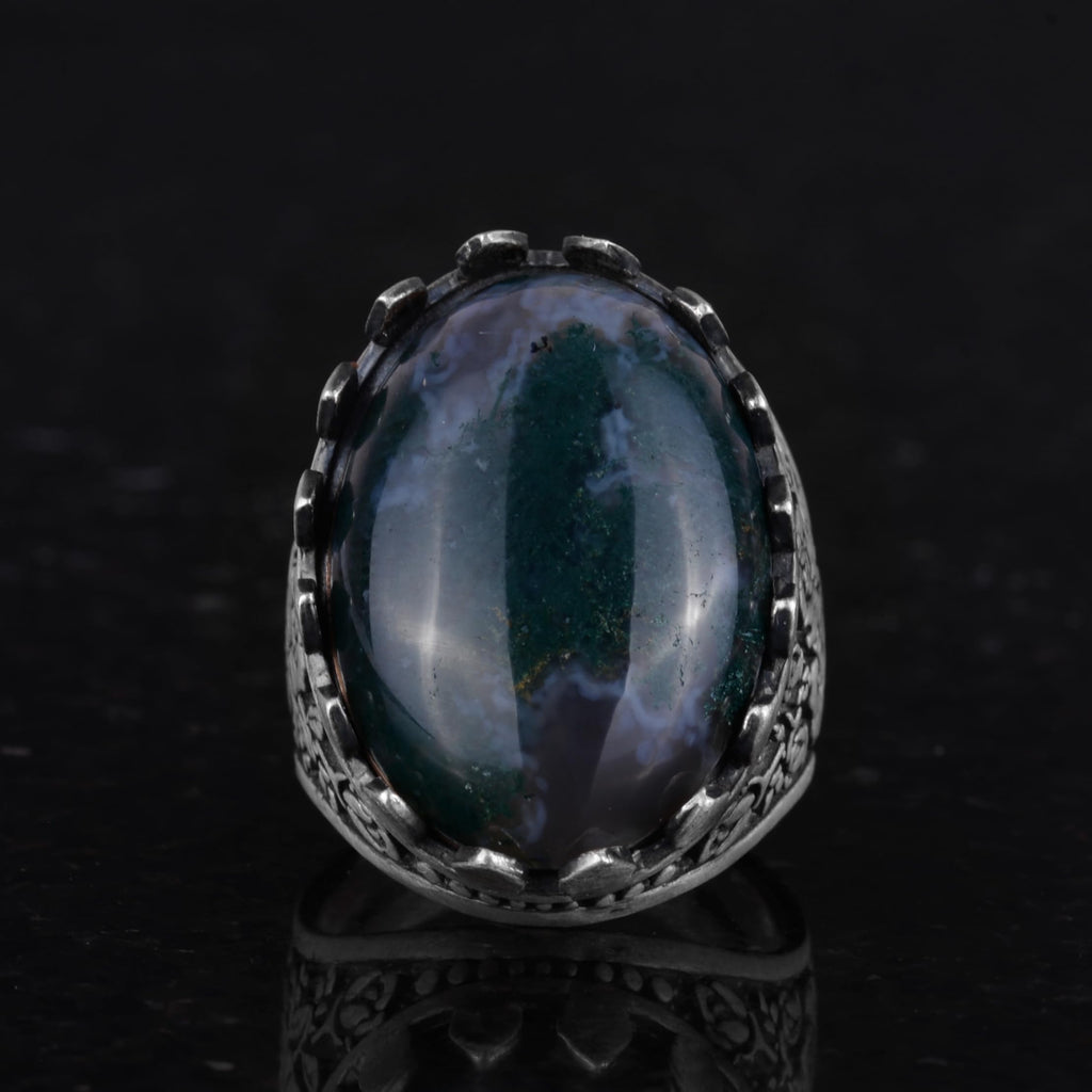 Natural Mossy Agate Stone Ring - Rose Pattern Ring - 925 Sterling Silver Ring — 4