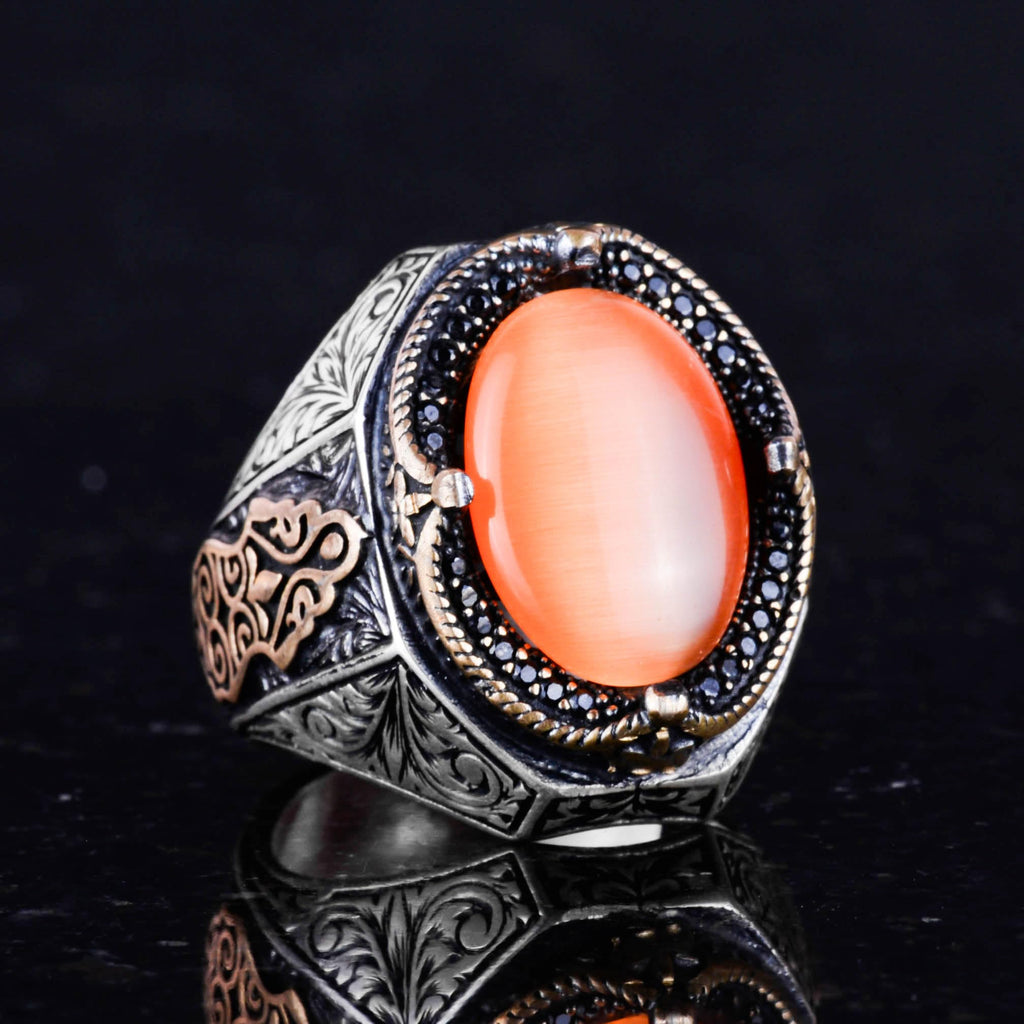 Kambo 925 Sterling Silver Ring - Design Men's Ring with Synthetic Orange Cat's Eye Stone — 6