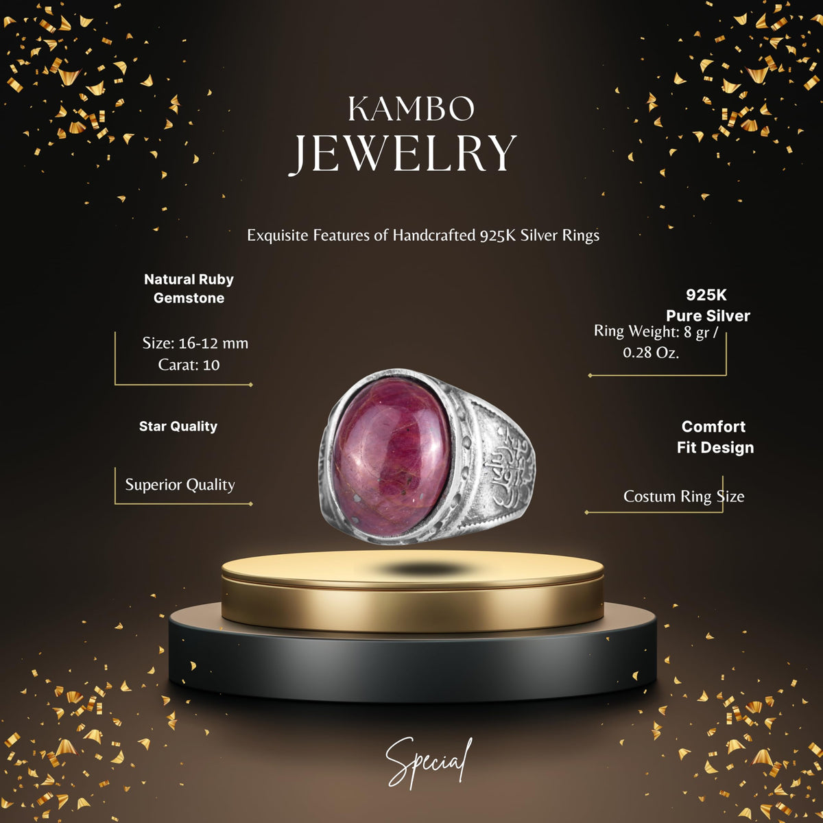 KAMBO Natural Ruby Stone Men's Ring 925 Sterling Silver - Carved Vintage Design Handmade Jewelry with Oval Ruby Statement Ring — 2