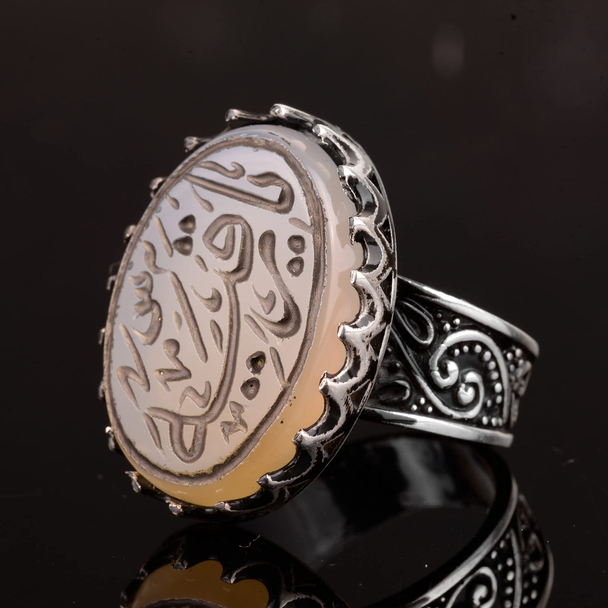 925 Sterling Silver Islamic Ring - Handmade Calligraphy with Natural Agate Stone — 5