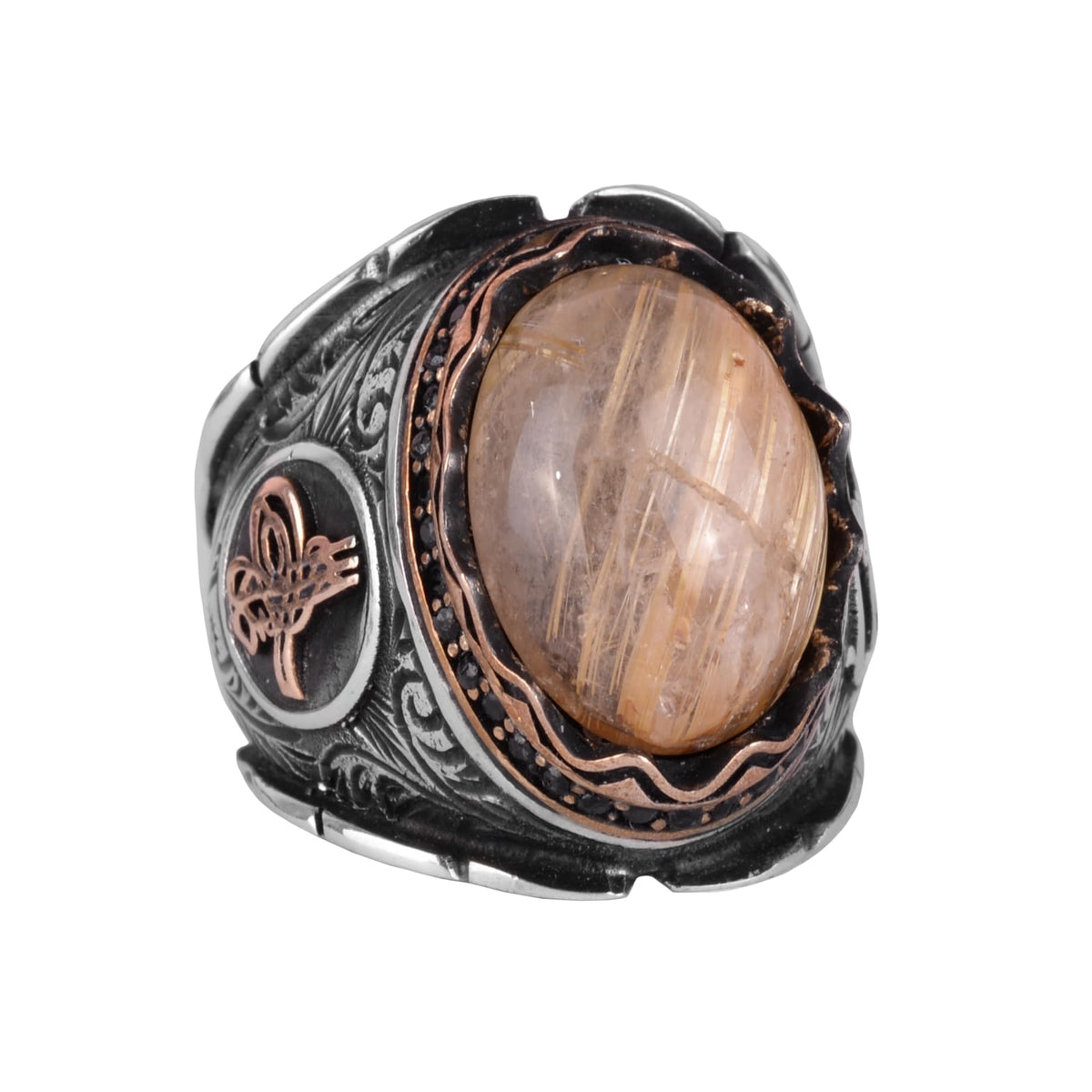 Cabochon Natural Gold Rutilated Quartz Stone Ring - Mystic 925 Sterling Silver Men's Ring