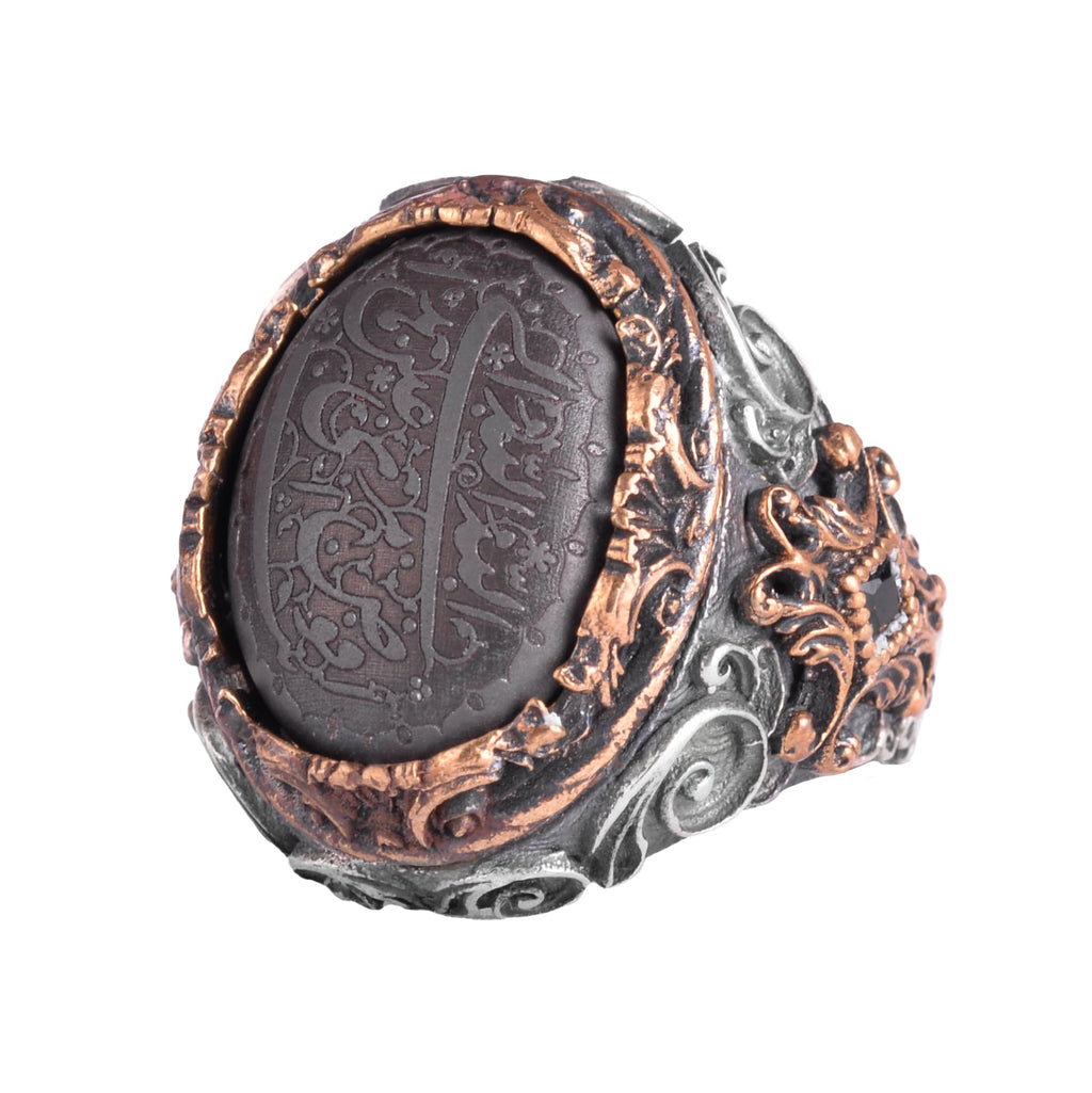 KAMBO Natural Hematite Ring for Men – Handmade 925 Sterling Silver Islamic Ring with Quranic Engraving – Ottoman Style R
