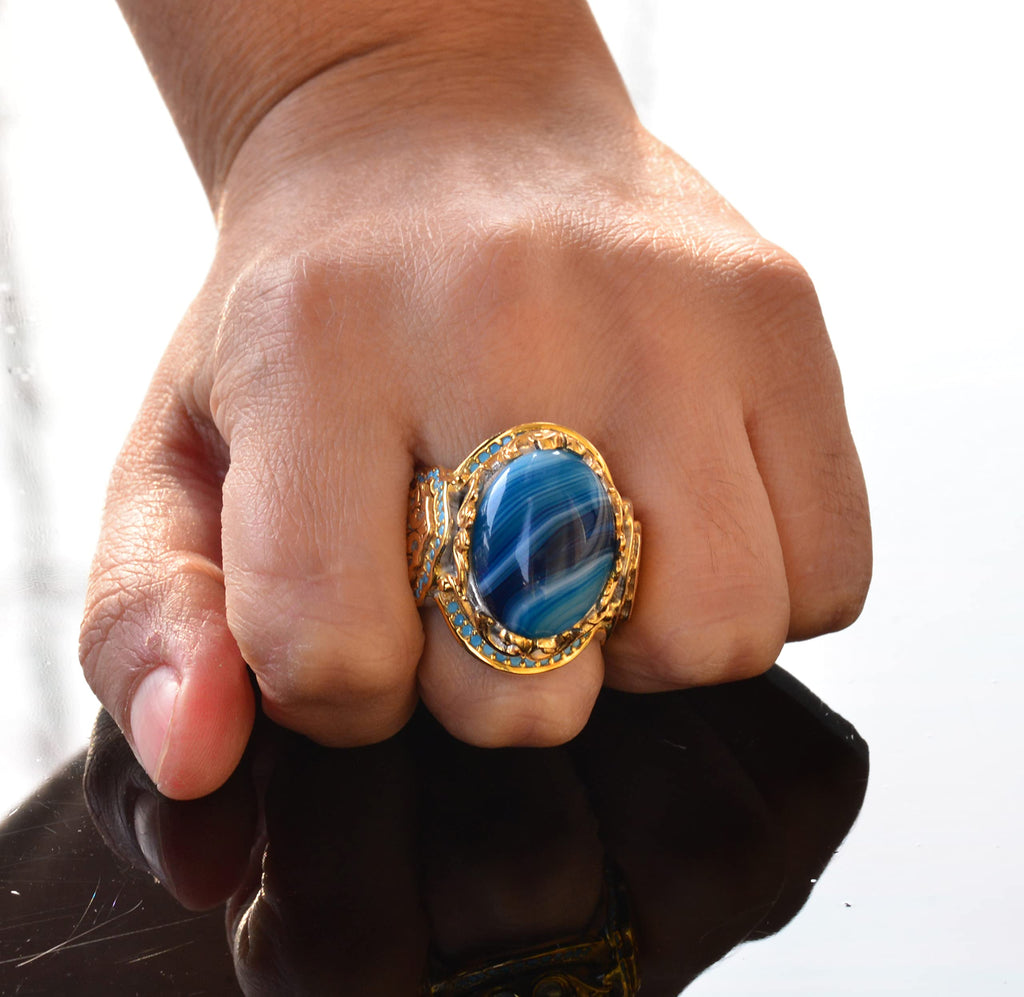 Natural Blue Agate Stone Ring – 925 Sterling Silver King Ring – Gold Plated — 7