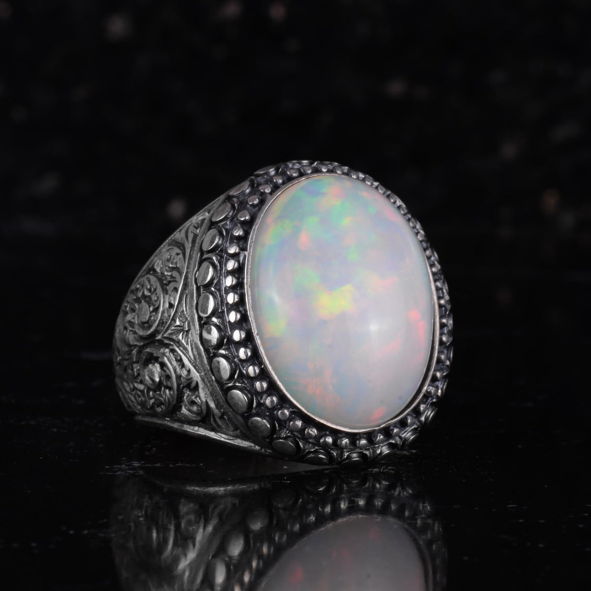 KAMBO Men's Natural Opal Stone Ring – 925 Sterling Silver Handmade Statement Ring – Large Oval Opal Ring for Men — 6