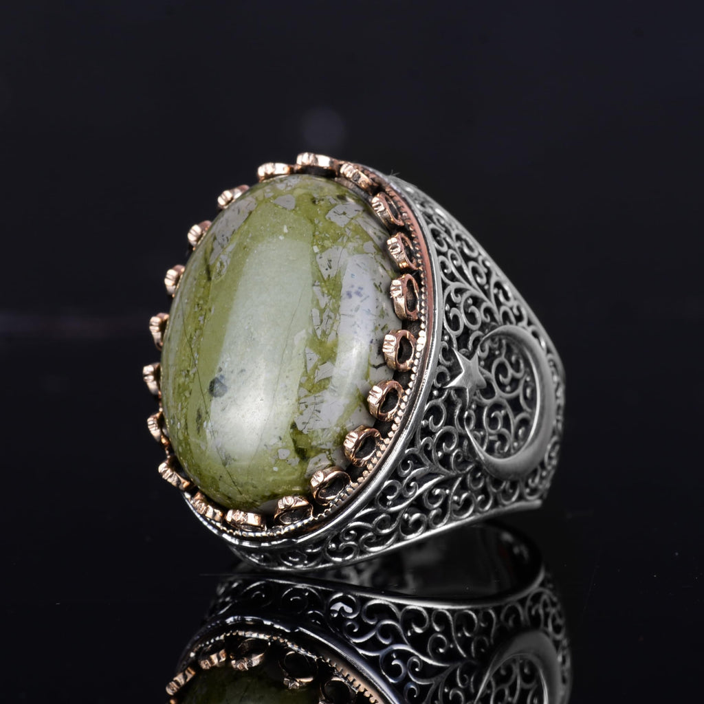 KAMBO 925 Sterling Silver Men's Natural Stone Ring - Moon and Star Design - Handmade Vintage Jewelry (Unakite) — 6