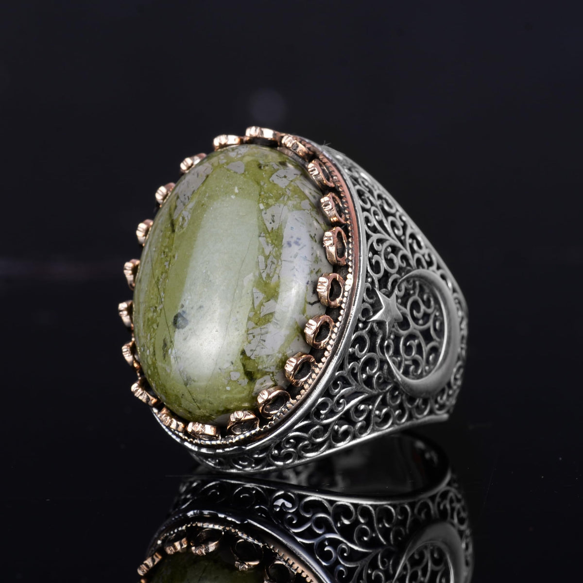 KAMBO 925 Sterling Silver Men's Natural Stone Ring - Moon and Star Design - Handmade Vintage Jewelry (Unakite) — 6