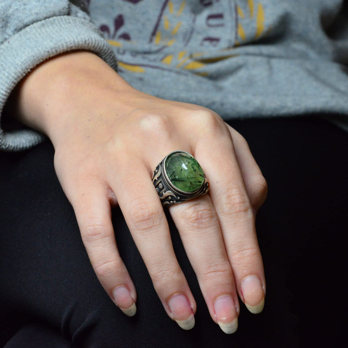 925 Sterling Silver Men's Ring – Natural Prehnite Stone, Detailed Carving Design — 6