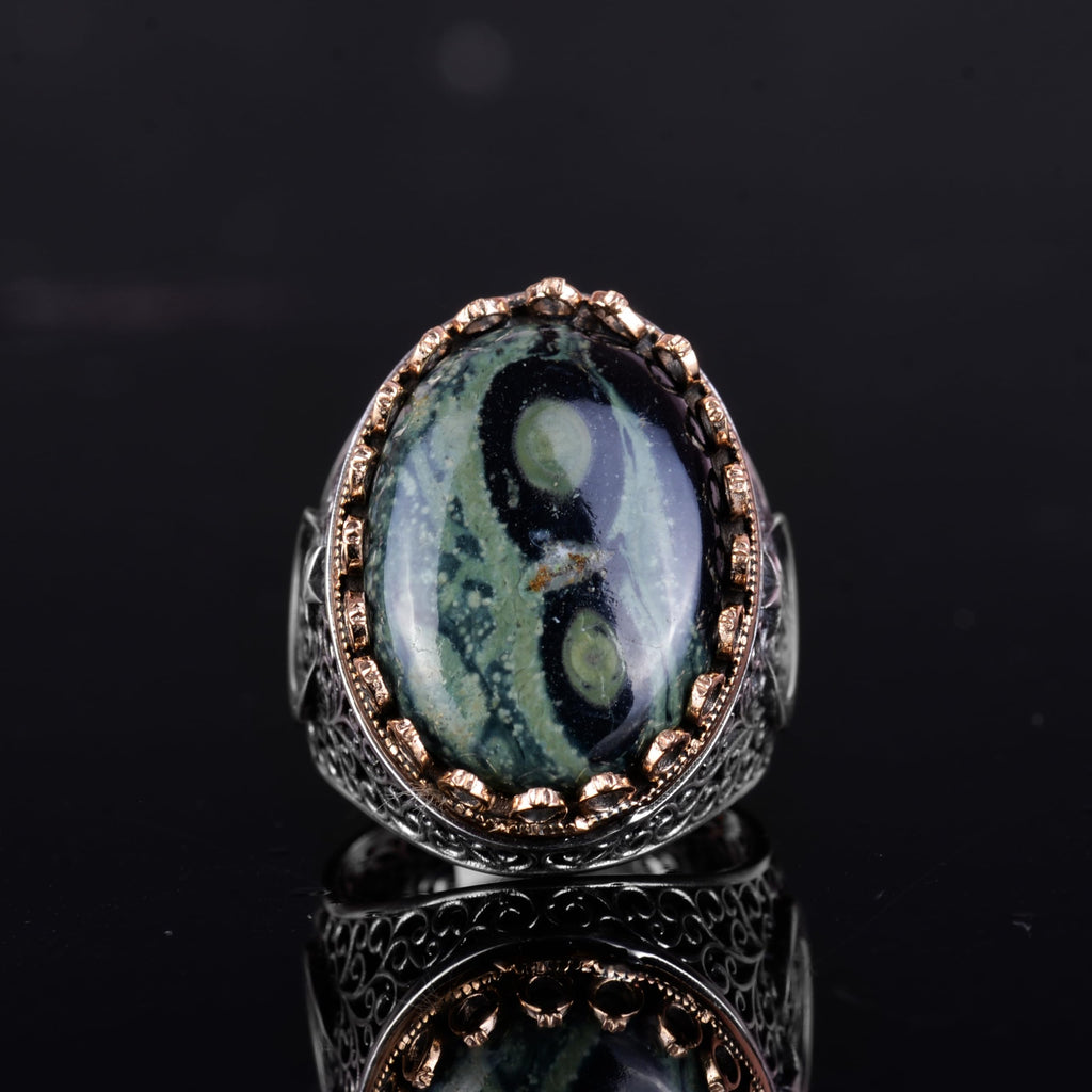 KAMBO 925 Sterling Silver Men's Natural Stone Ring - Moon and Star Design - Handmade Vintage Jewelry (Green Eye) — 4