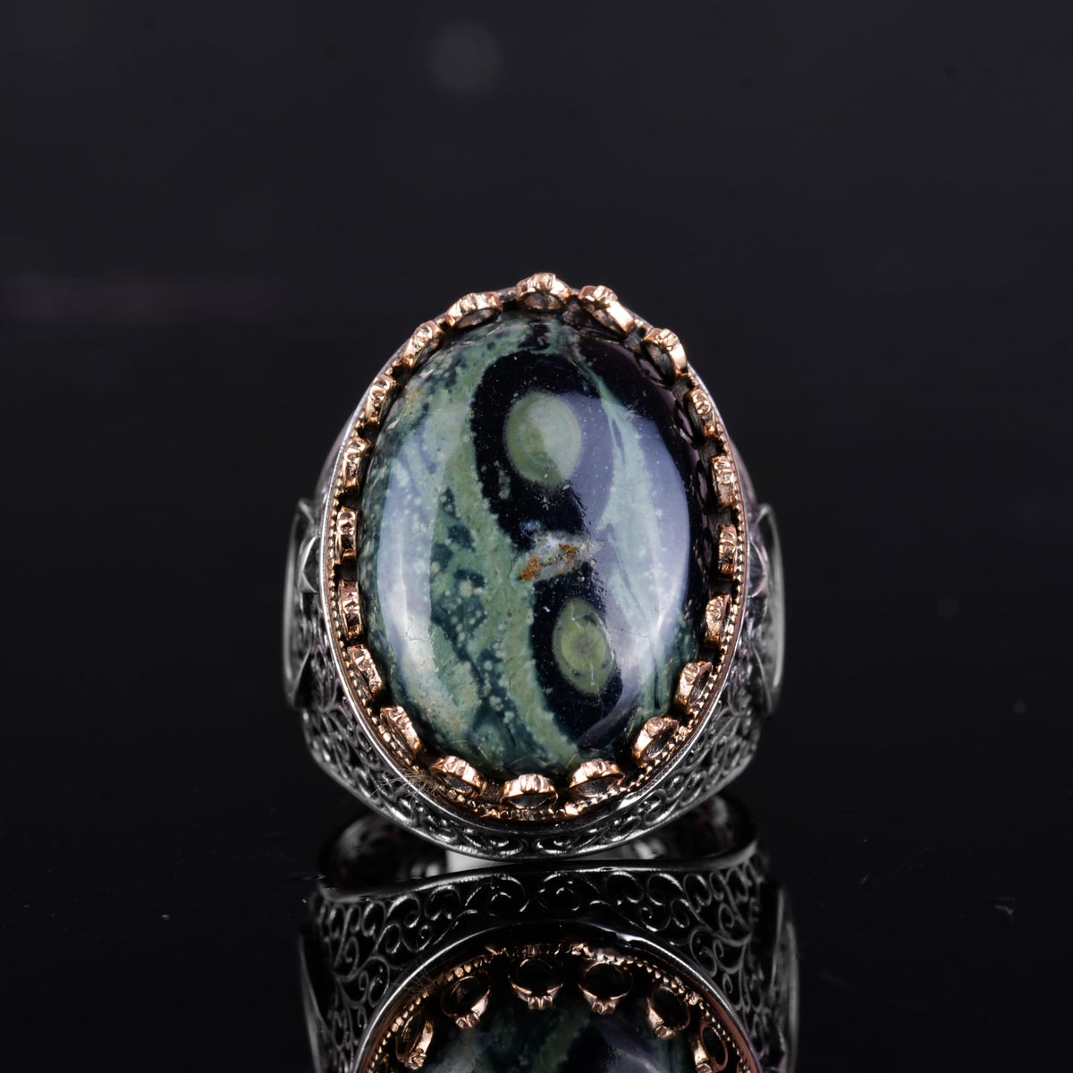 KAMBO 925 Sterling Silver Men's Natural Stone Ring - Moon and Star Design - Handmade Vintage Jewelry (Green Eye) — 4