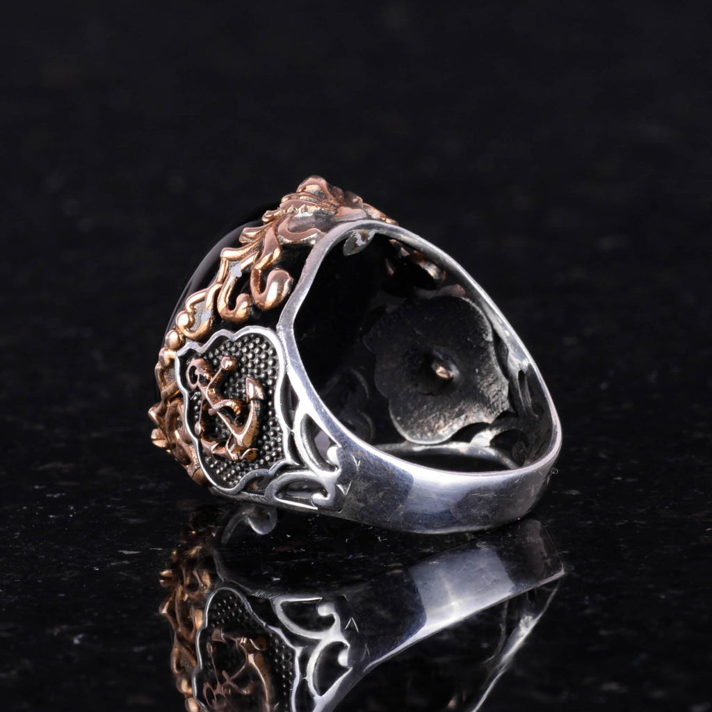 Nautical Anchor Dark Blue Cat's Eye Synthetic Stone Ring, 925 Sterling Silver — 5