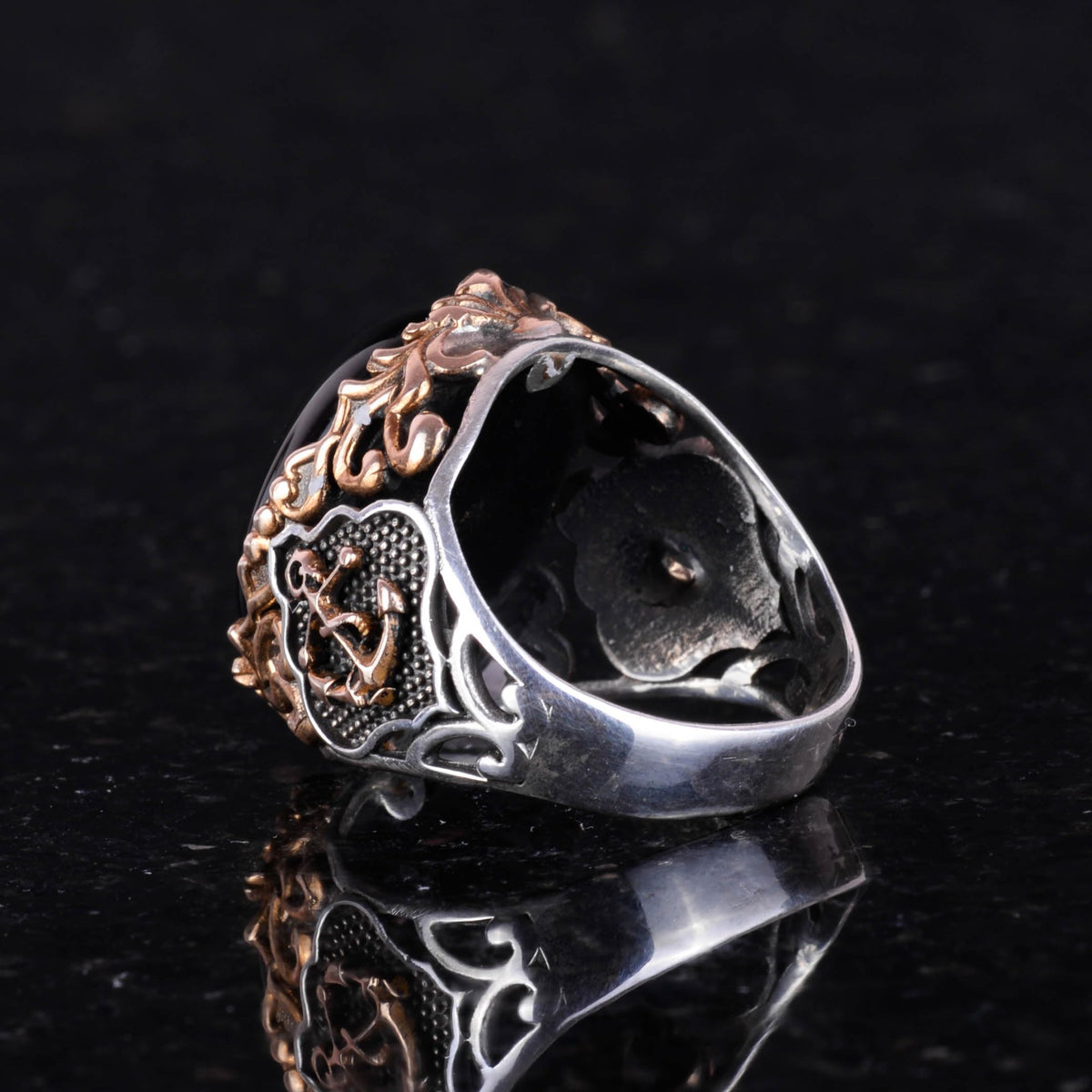 Nautical Anchor Dark Blue Cat's Eye Synthetic Stone Ring, 925 Sterling Silver — 5
