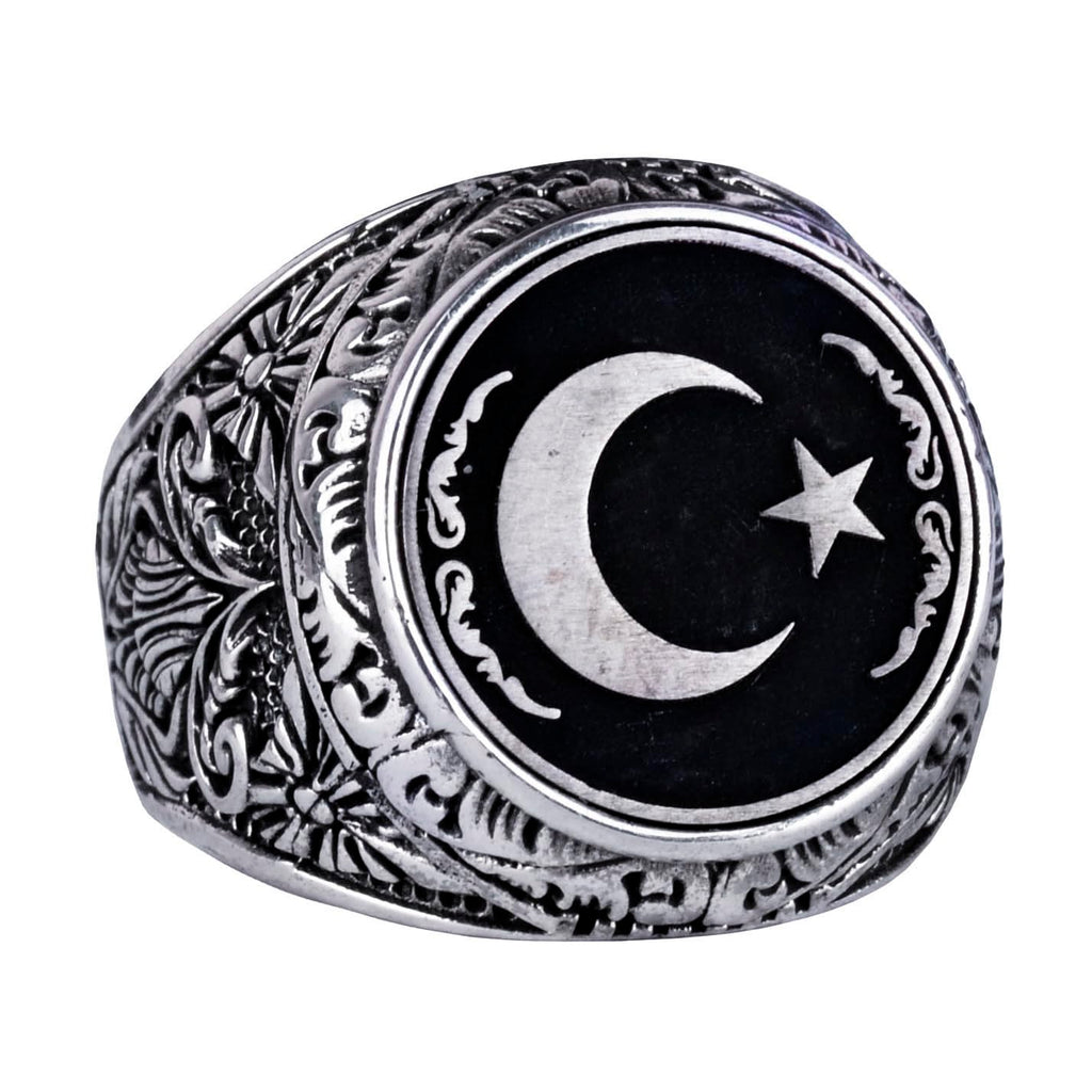 Star and Moon Ring - 925 Sterling Silver Flag Ring