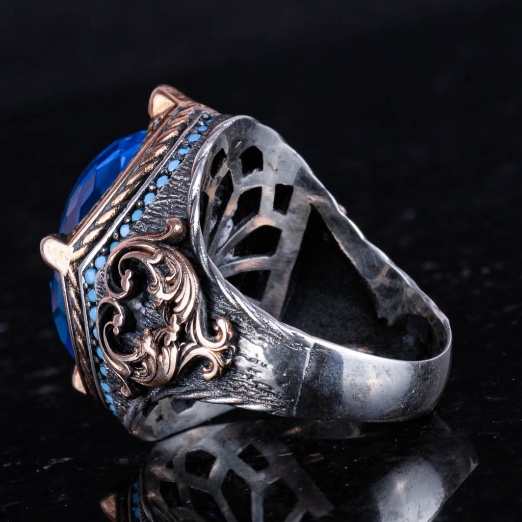 925 Sterling Silver Men's Ring, Synthetic Aquamarine Stone, Handcrafted Vintage Design Statement Ring — 7
